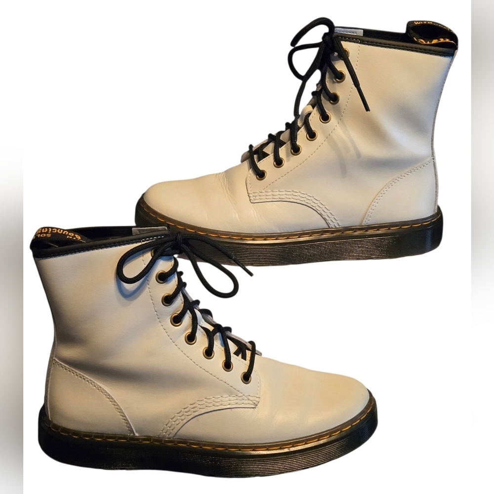 EC~ Dr. Marten's ZAVALA White With Black Trim Leather 8-eyelet Combat Boots